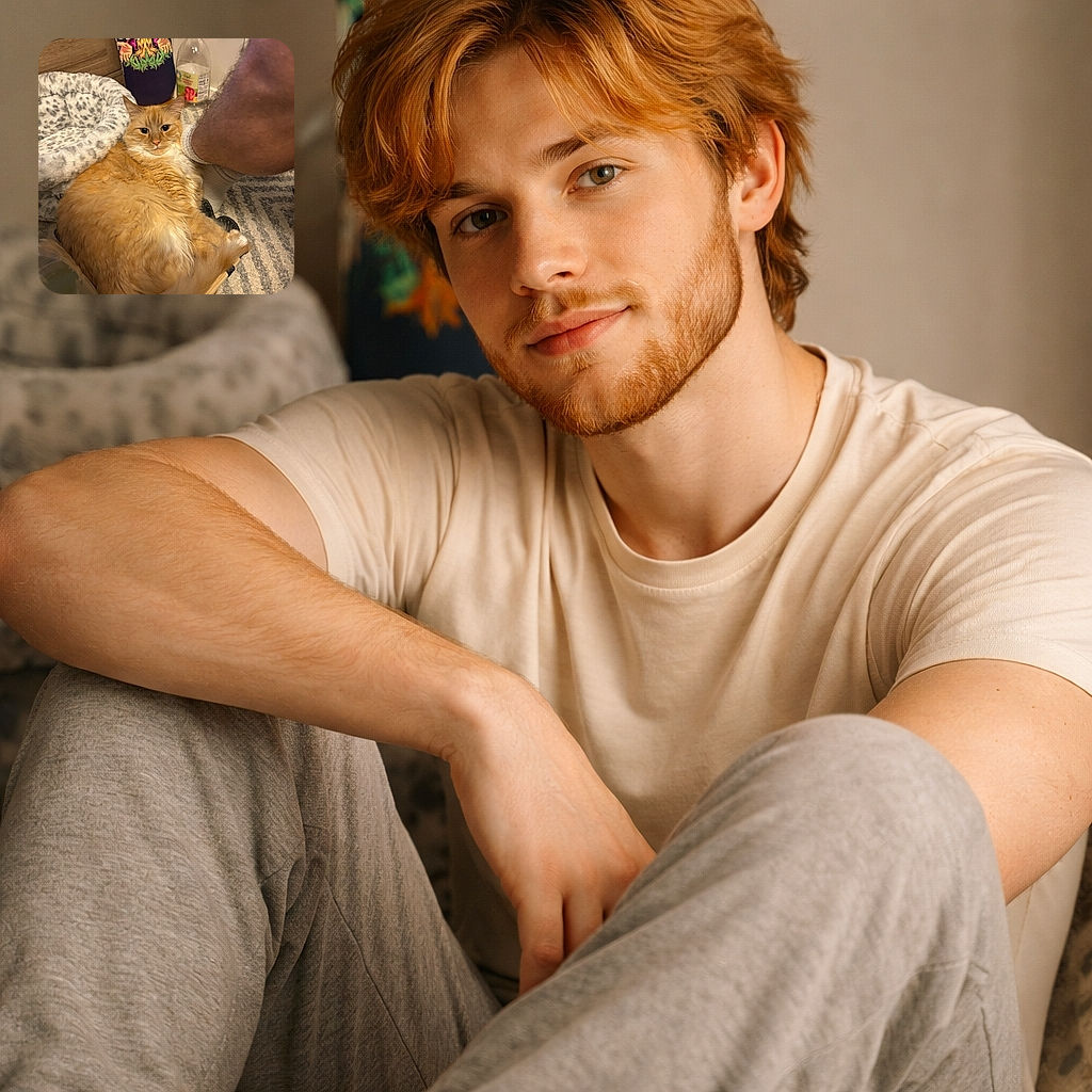 A fluffy orange cat lounges comfortably in a small bed, looking slightly unimpressed as a person's leg and foot in a white sock rest nearby. The background features a skateboard with a colorful wizard design and a bottle, giving a cozy indoor vibe.