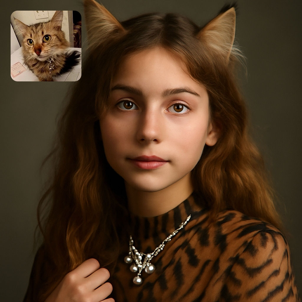 A close-up of a fluffy tabby cat with big, curious eyes and a shiny charm hanging from its collar, sitting on a white surface with a slightly blurry background including a light switch and a patterned couch.