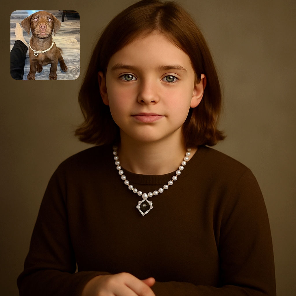 A charming chocolate brown puppy wearing a pearl necklace with a heart pendant sits attentively on a wood-patterned floor between a person's legs. The puppy's eyes reflect the camera flash, giving it an almost mystical look, while cozy home furnishings and a basket of toys create a warm, inviting background.