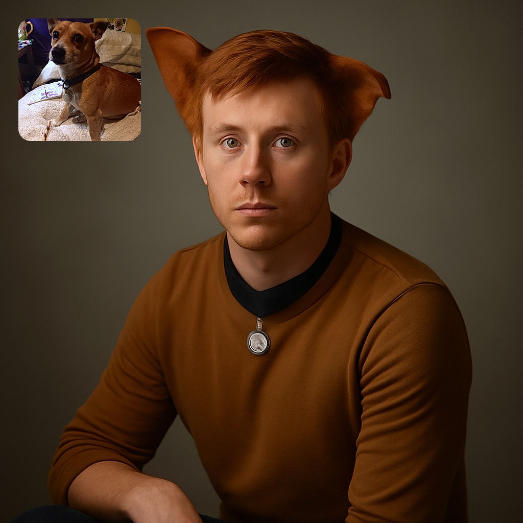 A curious small brown dog with a collar sits on a cozy white blanket, eyes wide and alert, with a chew stick in front of its paws. The background shows a cluttered side table and a cheerful sunflower drawing pinned to the wall, adding a touch of homely charm.