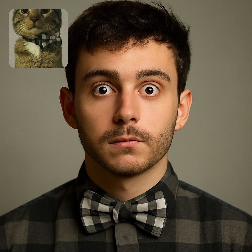 A close-up photo of a tabby cat wearing a black and white checkered bow tie, looking attentively ahead with wide eyes. The background is plain, putting all the focus on the cat's expressive face and elegant accessory.