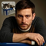 A cozy tabby cat lounges lazily on a blue metal surface, eyes wide with a mix of curiosity and chill, whiskers twitching like tiny antennae tuning into the room's vibe.