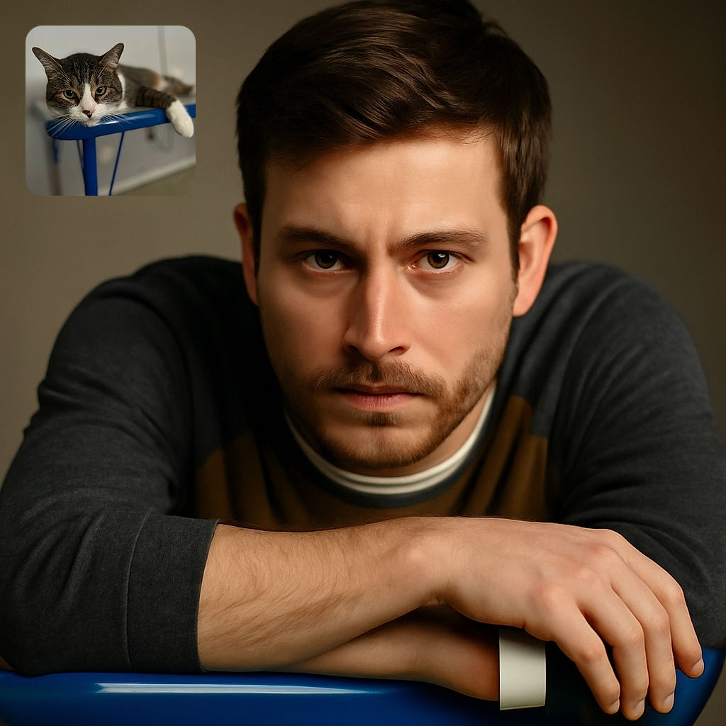 A cozy tabby cat lounges lazily on a blue metal surface, eyes wide with a mix of curiosity and chill, whiskers twitching like tiny antennae tuning into the room's vibe.