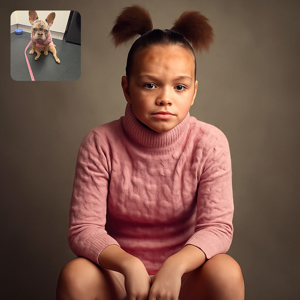 A cute French Bulldog puppy with heterochromia (two different colored eyes) is sitting on a dark floor, wearing a pink sweater and a matching leash, looking straight at the camera with a slightly serious expression.