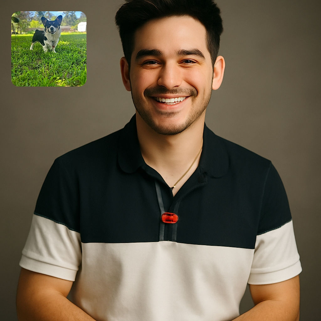 A happy corgi dog stands proudly on lush green grass in a sunny backyard, ears perked up and a charming smile on its face, with a softly blurred background of trees and blue sky.