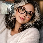 A goofy close-up of a spotted dog with a heart-shaped pink nose wearing a giant digital glasses sticker — looks like someone paused mid-pet for maximum dramatic selfie.