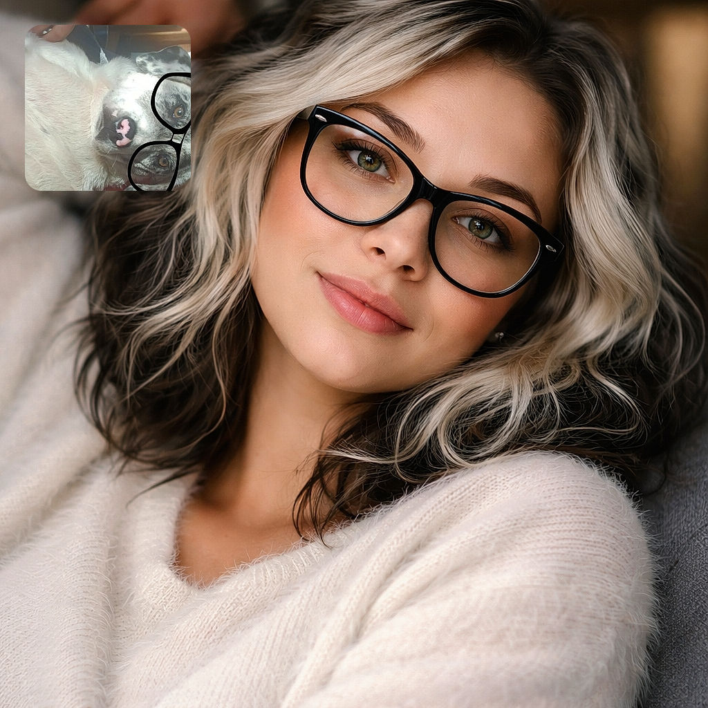 A goofy close-up of a spotted dog with a heart-shaped pink nose wearing a giant digital glasses sticker — looks like someone paused mid-pet for maximum dramatic selfie.