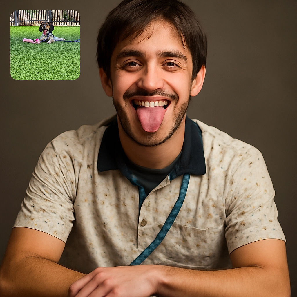 A happy dog lies on a lush green lawn with a pink toy in front of a black metal fence and rocky background, tongue out and leash loosely coiled nearby, soaking up the outdoor vibes.