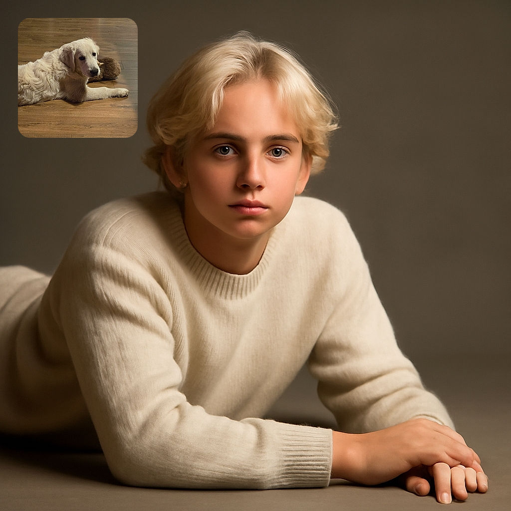 A fluffy white puppy lounges on a wooden floor, casting a curious look towards the camera with a plush toy nearby and a red chair leg in the corner, creating a cozy indoor vibe.