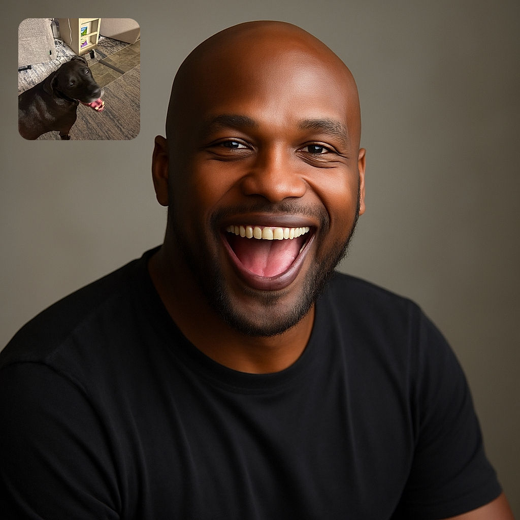 A blurry photo of a black dog looking up with its mouth open, possibly panting or smiling, standing on a carpeted floor near a beige armchair and a small cabinet with some items on and inside it.
