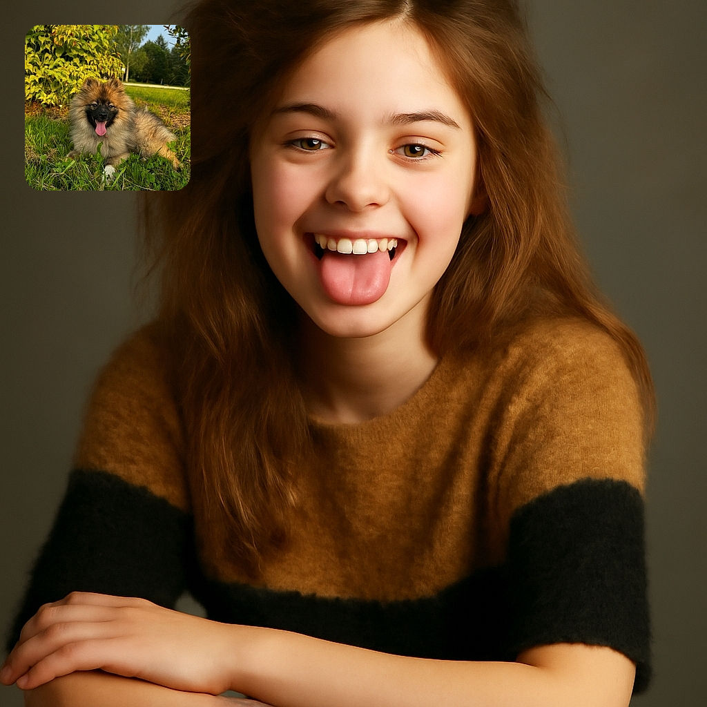 A fluffy, happy dog lounges on the grass with its tongue out, basking in the warm sunlight. The vibrant green foliage and clear blue sky create a perfect outdoor backdrop for this adorable pooch's chill session.