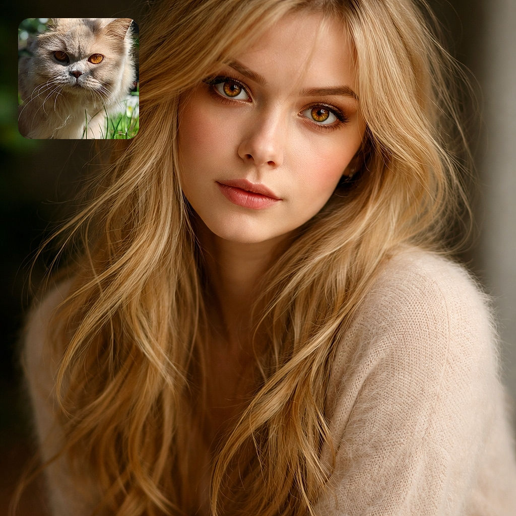 A regal, fluffy cat stares straight into the camera with molten-gold eyes and an air of dramatic seriousness — whiskers on full display like a tiny, furry admiral inspecting the lawn. Sunlight highlights the soft fur and creates a shallow, dreamy background while blades of grass frame the lower face, making this close-up both adorable and uncomfortably judgmental.