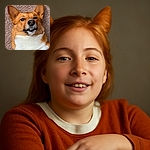 A charming close-up photo of a corgi lying on a carpet, looking relaxed and slightly amused with its ears perked up and a subtle smile showing a bit of teeth.