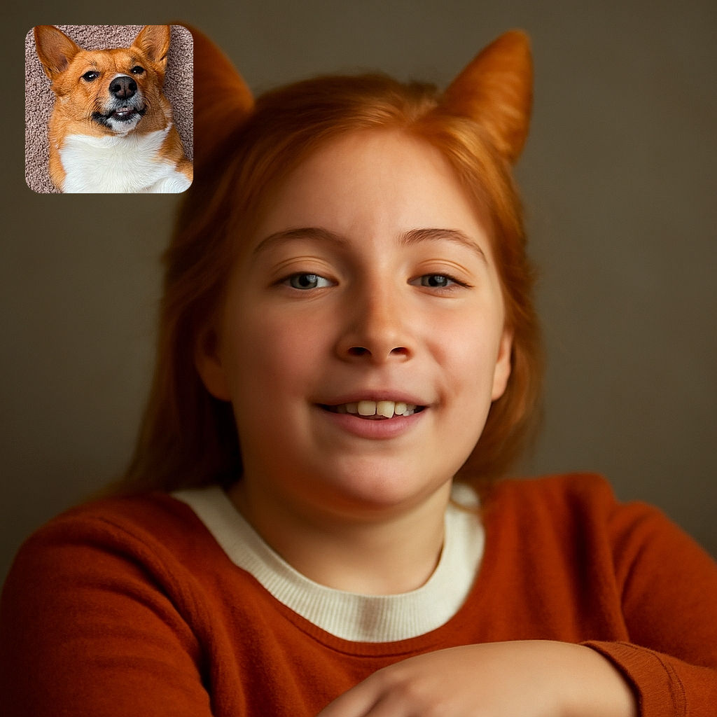A charming close-up photo of a corgi lying on a carpet, looking relaxed and slightly amused with its ears perked up and a subtle smile showing a bit of teeth.
