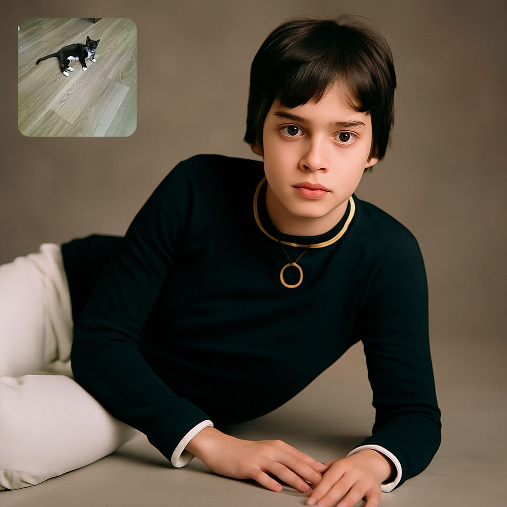 A slightly blurry photo of a black and white cat lounging on a wooden floor, looking curiously at the camera with a collar tag shining.