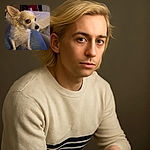 A small fluffy dog with large expressive eyes and perky ears sits patiently on a person's lap, capturing the cozy indoor vibe with soft lighting and a casual background featuring a drying rack and a television screen.