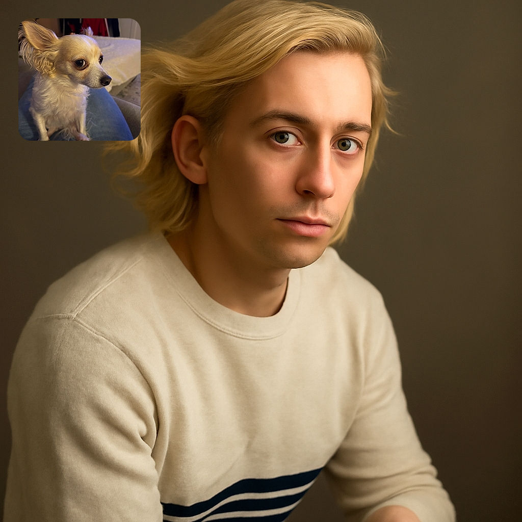 A small fluffy dog with large expressive eyes and perky ears sits patiently on a person's lap, capturing the cozy indoor vibe with soft lighting and a casual background featuring a drying rack and a television screen.