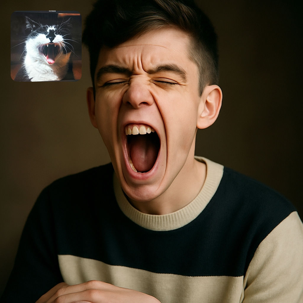 A close-up photo of a black and white cat caught mid-yawn, showing its sharp teeth and wide-open mouth, with soft lighting highlighting the fur texture against a dark background.