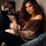 A fluffy tabby cat lounges regally on a soft cushion, cuddling a plush white stuffed animal against a solid black background that makes the cat's fur and the toy pop dramatically.