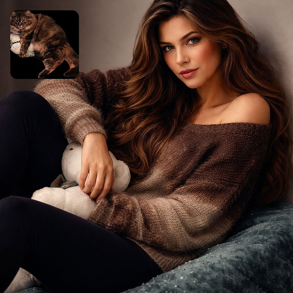 A fluffy tabby cat lounges regally on a soft cushion, cuddling a plush white stuffed animal against a solid black background that makes the cat's fur and the toy pop dramatically.