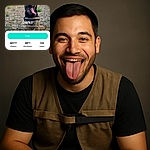 A happy dog named Darko with its tongue hanging out, sitting on a gravel path with a blurred green background. The photo is part of a voting app interface with various text overlays and buttons, adding a digital contest vibe.