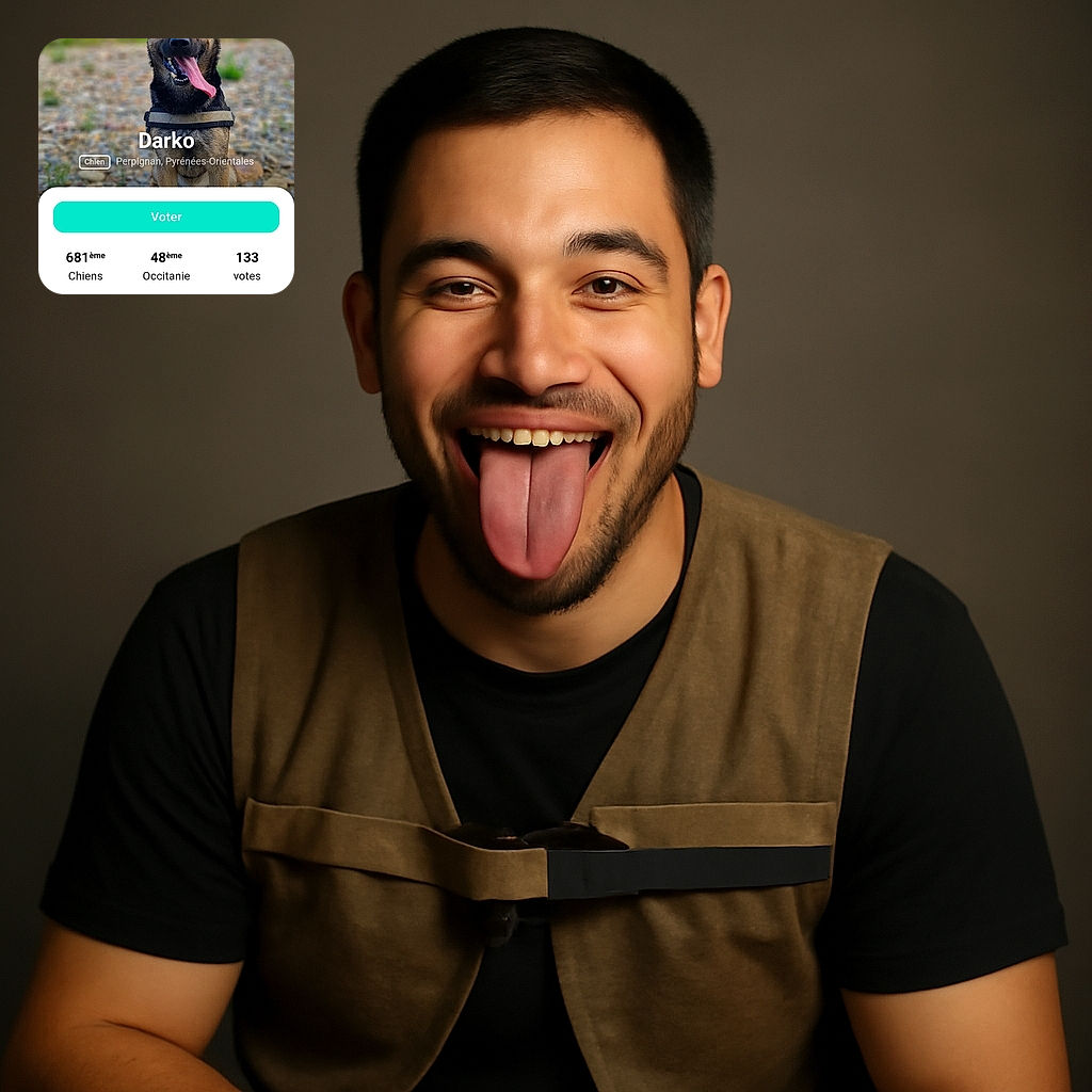 A happy dog named Darko with its tongue hanging out, sitting on a gravel path with a blurred green background. The photo is part of a voting app interface with various text overlays and buttons, adding a digital contest vibe.