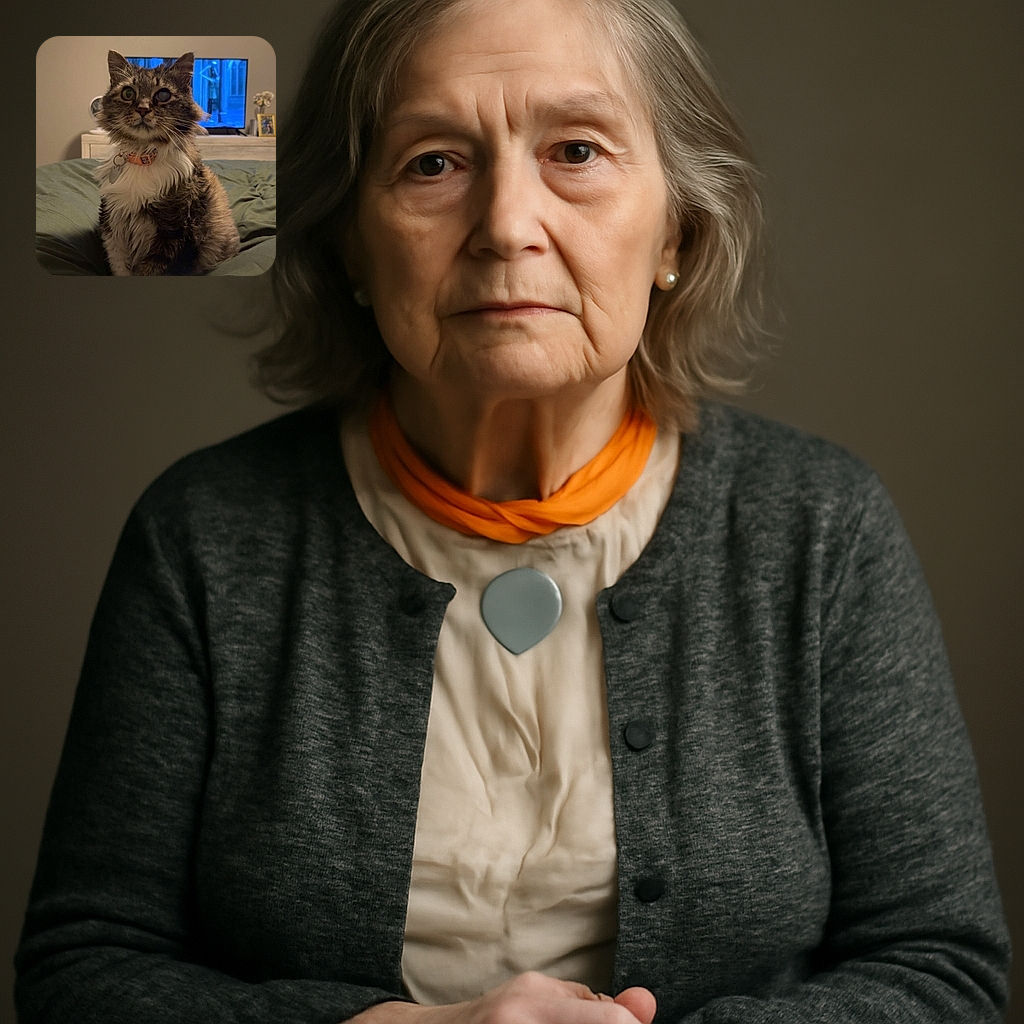 A fluffy, one-eyed cat with a cute collar sits attentively on a green bedspread, with a TV glowing blue in the background and a plate of food in the foreground, creating a cozy indoor scene.