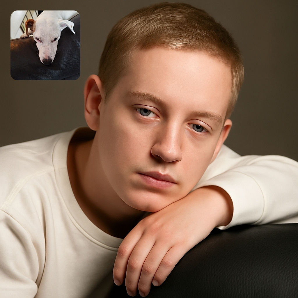 A sleepy white dog with a brown ear is comfortably resting its head over the back of a black leather couch, looking adorably tired and cozy in a softly lit indoor setting.