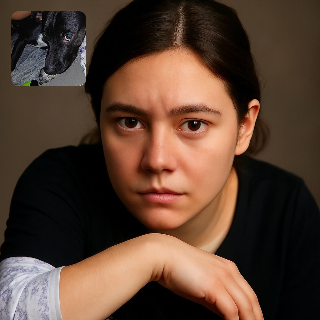 A close-up photo of a black dog with soulful brown eyes resting its paw on a gray surface, surrounded by a cozy blanket and a green-black object, with a human arm partially visible nearby.