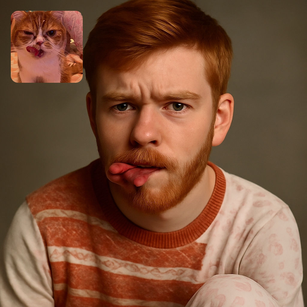 A close-up photo of a cute orange and white cat with its tongue out, looking like it just tasted something interesting. The cat's face is slightly scrunched, and there are tiny bits of something on its fur. The background shows a cozy indoor setting with soft colors and a patterned fabric.