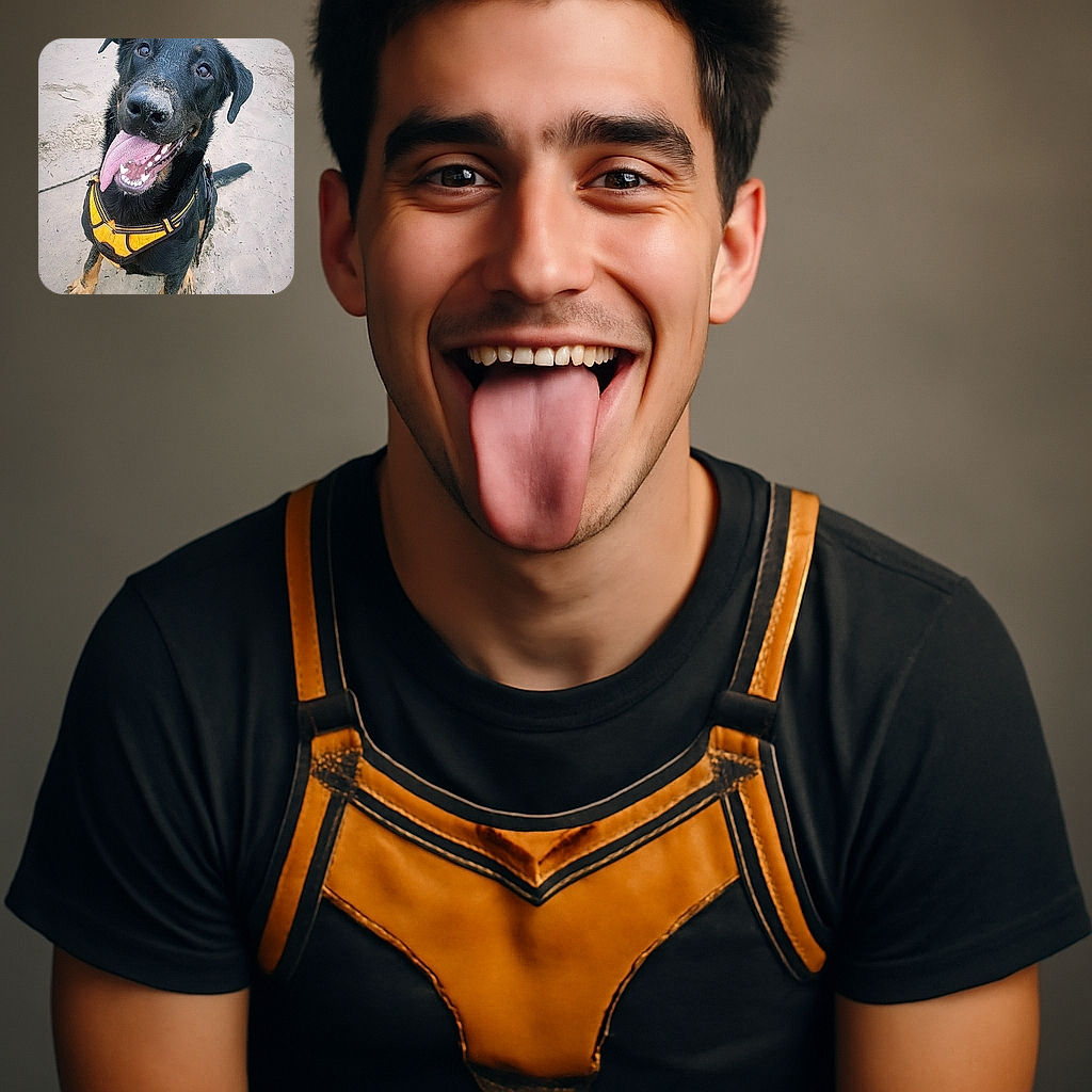 A happy black and tan dog wearing a bright yellow harness sits on sandy ground with its tongue out and nose covered in sand, looking up with big, joyful eyes as if ready for the next adventure.