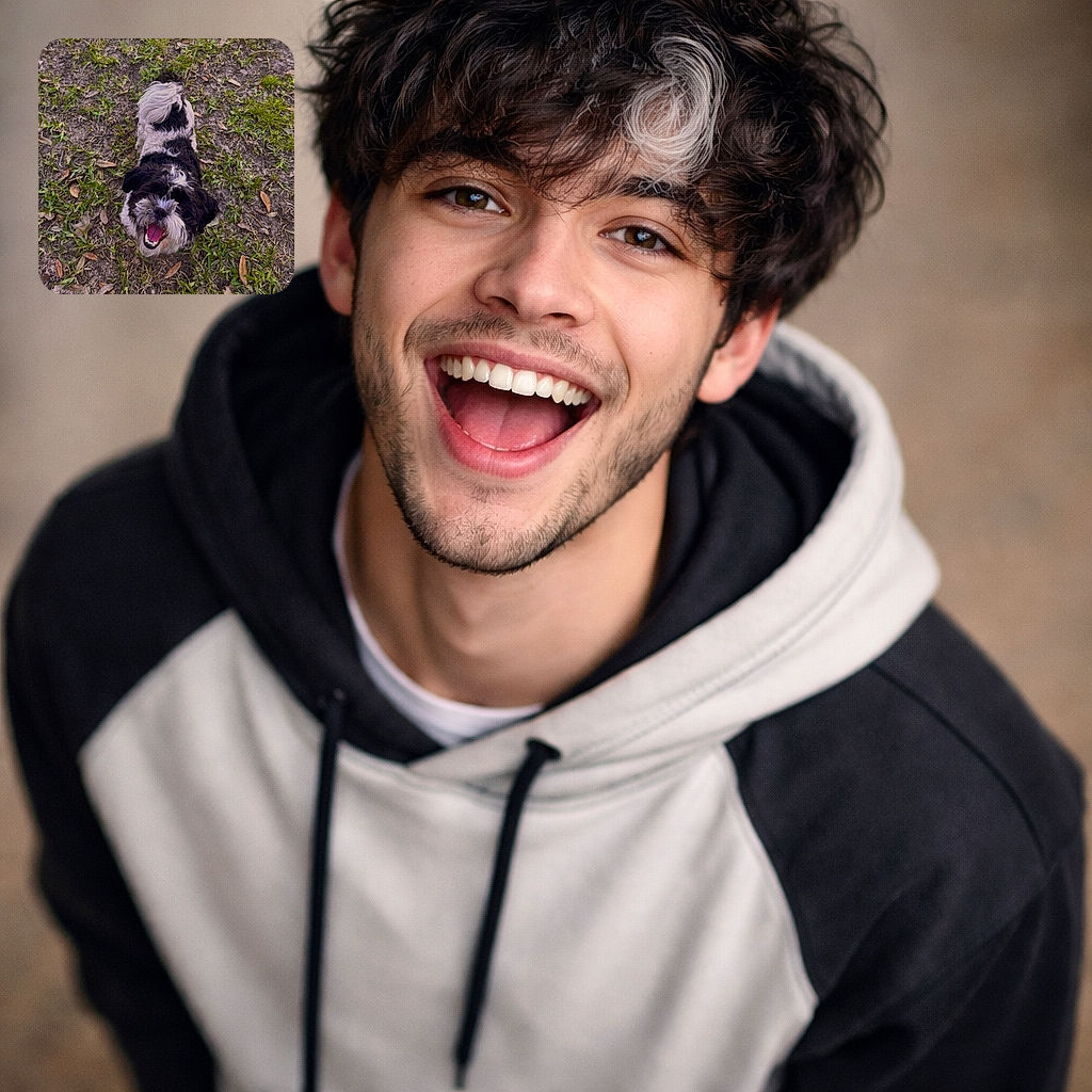 A joyful black-and-white small dog looks up with a wide open-mouthed grin and wagging tail, standing on patchy grass and scattered leaves — pure playful energy and a big tongue waving hello.