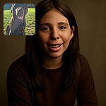 A happy chocolate Labrador sits in a sunny backyard, tongue out and eyes glistening with joy, surrounded by lush green grass and a bright, slightly cloudy sky with a sun flare adding a magical touch.