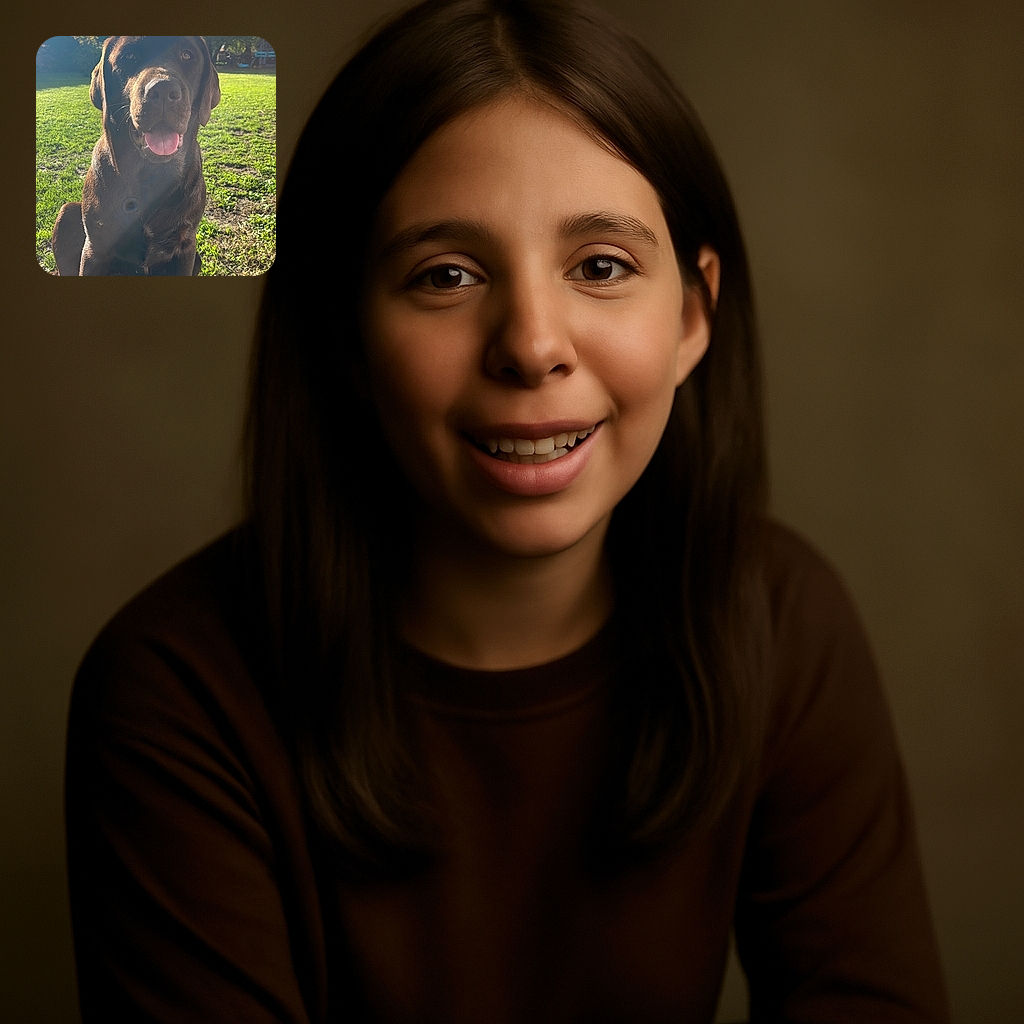 A happy chocolate Labrador sits in a sunny backyard, tongue out and eyes glistening with joy, surrounded by lush green grass and a bright, slightly cloudy sky with a sun flare adding a magical touch.