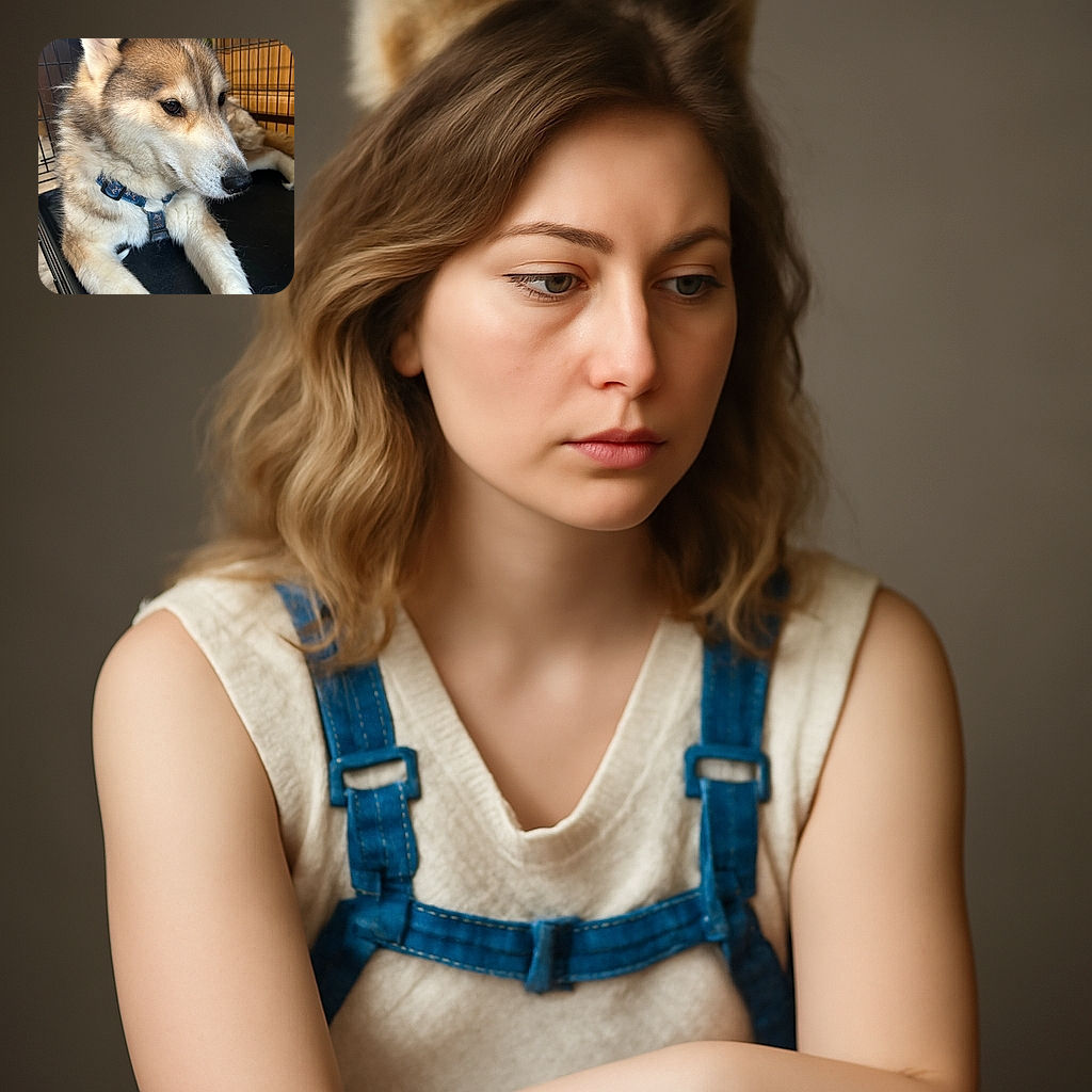A fluffy dog lounges comfortably inside a crate, wearing a blue harness with paw prints, looking calm and contemplative with soft natural lighting highlighting its fur texture.