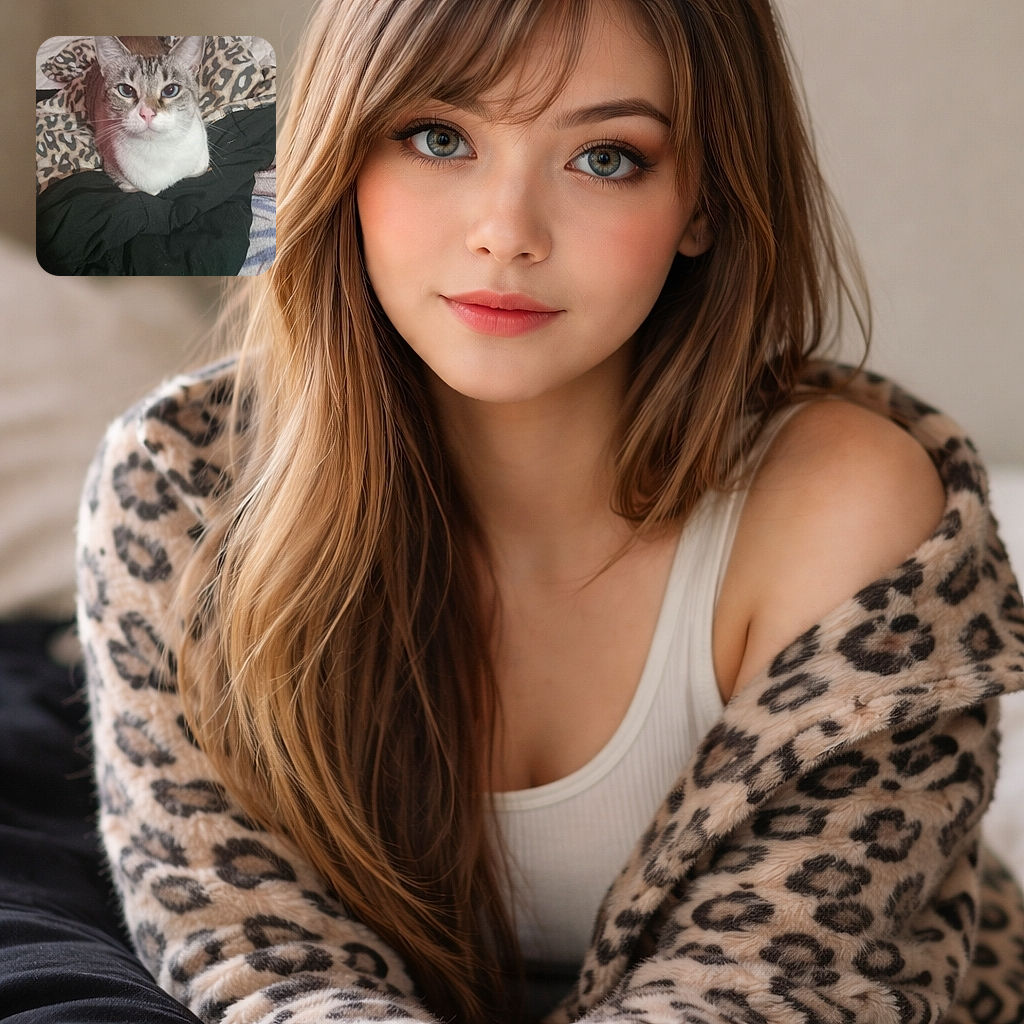 A wide-eyed cat perched on a messy pile of blankets, staring like it just heard the word 'treat' — leopard-print comforter, pink nose, and an expression that says 'this is my throne, human'.