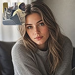 A serious-looking tabby cat sits beside a person in a hoodie, staring into the camera like it has just been appointed head of household security. Soft window light, cozy chairs, and a relaxed indoor setting complete the candid portrait.