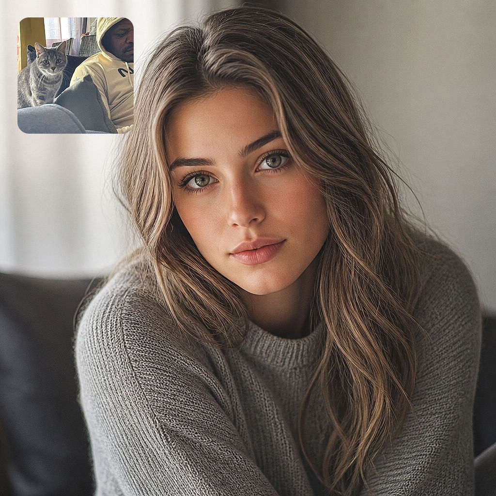 A serious-looking tabby cat sits beside a person in a hoodie, staring into the camera like it has just been appointed head of household security. Soft window light, cozy chairs, and a relaxed indoor setting complete the candid portrait.