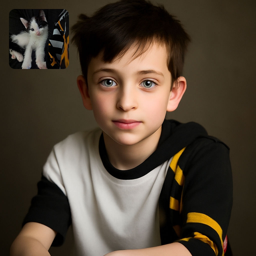 A fluffy black and white kitten stretches out its paws adorably while lounging on a dark surface next to a person wearing a black and orange patterned shirt, looking curiously at the camera with big bright eyes.
