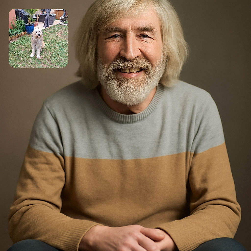 A fluffy, happy dog is sitting patiently on a patchy green lawn in a cozy backyard setup with a blue potted plant, garden furniture, and a hanging chair, looking like the ultimate good boy waiting for a treat or a belly rub.