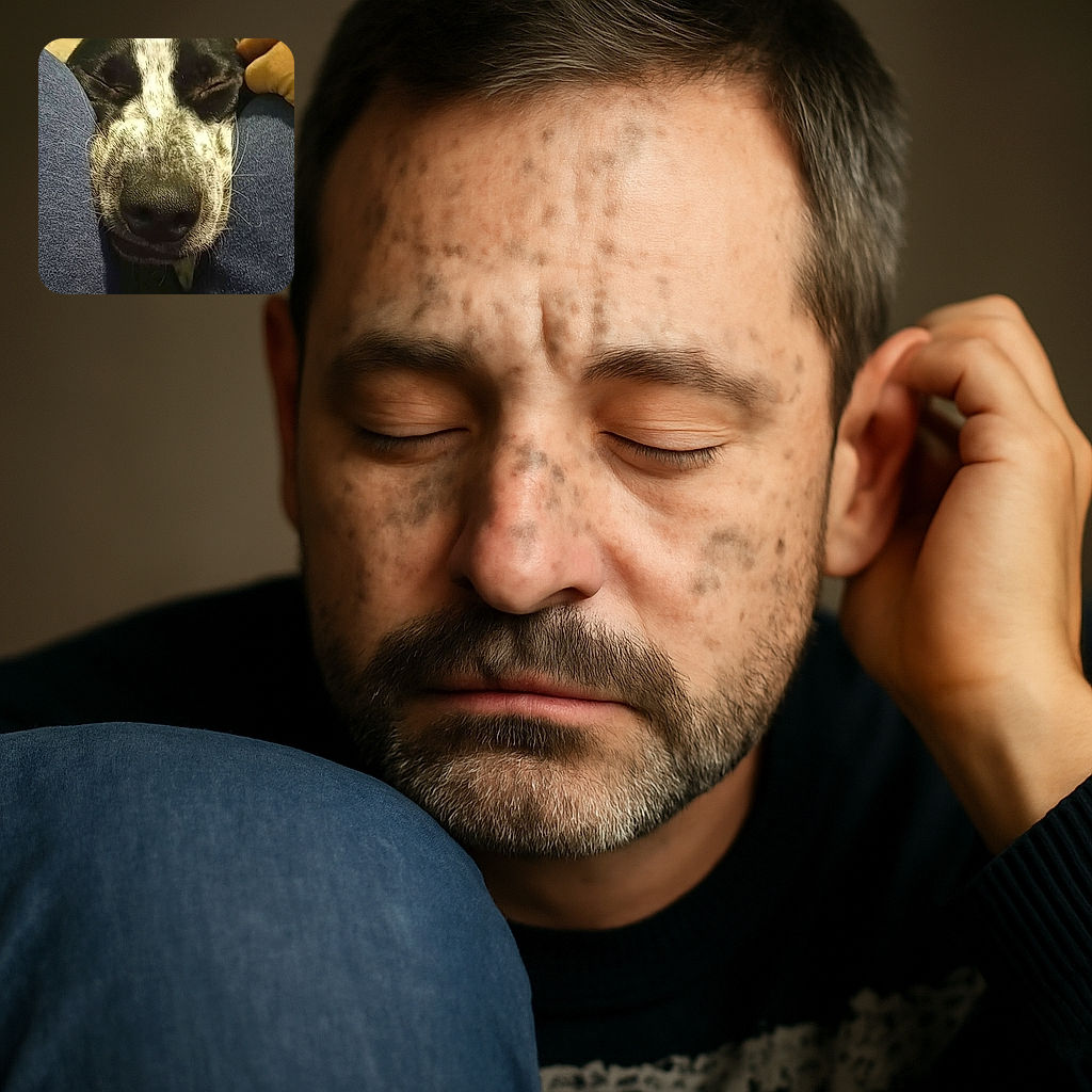 A close-up photo of a black and white dog resting its head peacefully on someone's denim-clad lap, with a hand gently petting its ear. The dog's eyes are closed, capturing a serene moment of affection and comfort.