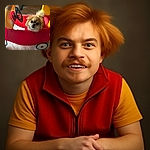 A fluffy dog peeks out from a bright red and yellow toy car, looking like it's ready to take a joyride around the living room. The playful scene is set on a wooden floor with a cozy, homey background.