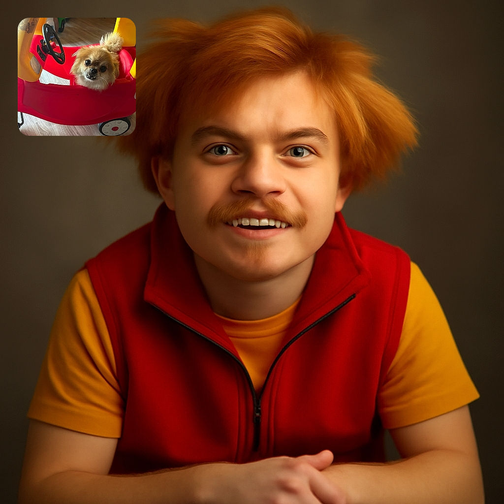 A fluffy dog peeks out from a bright red and yellow toy car, looking like it's ready to take a joyride around the living room. The playful scene is set on a wooden floor with a cozy, homey background.
