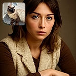 A fluffy Siamese cat lounges comfortably on a soft gray perch by a window, gazing intently outside with bright blue eyes, bathed in natural light that highlights its rich fur colors.