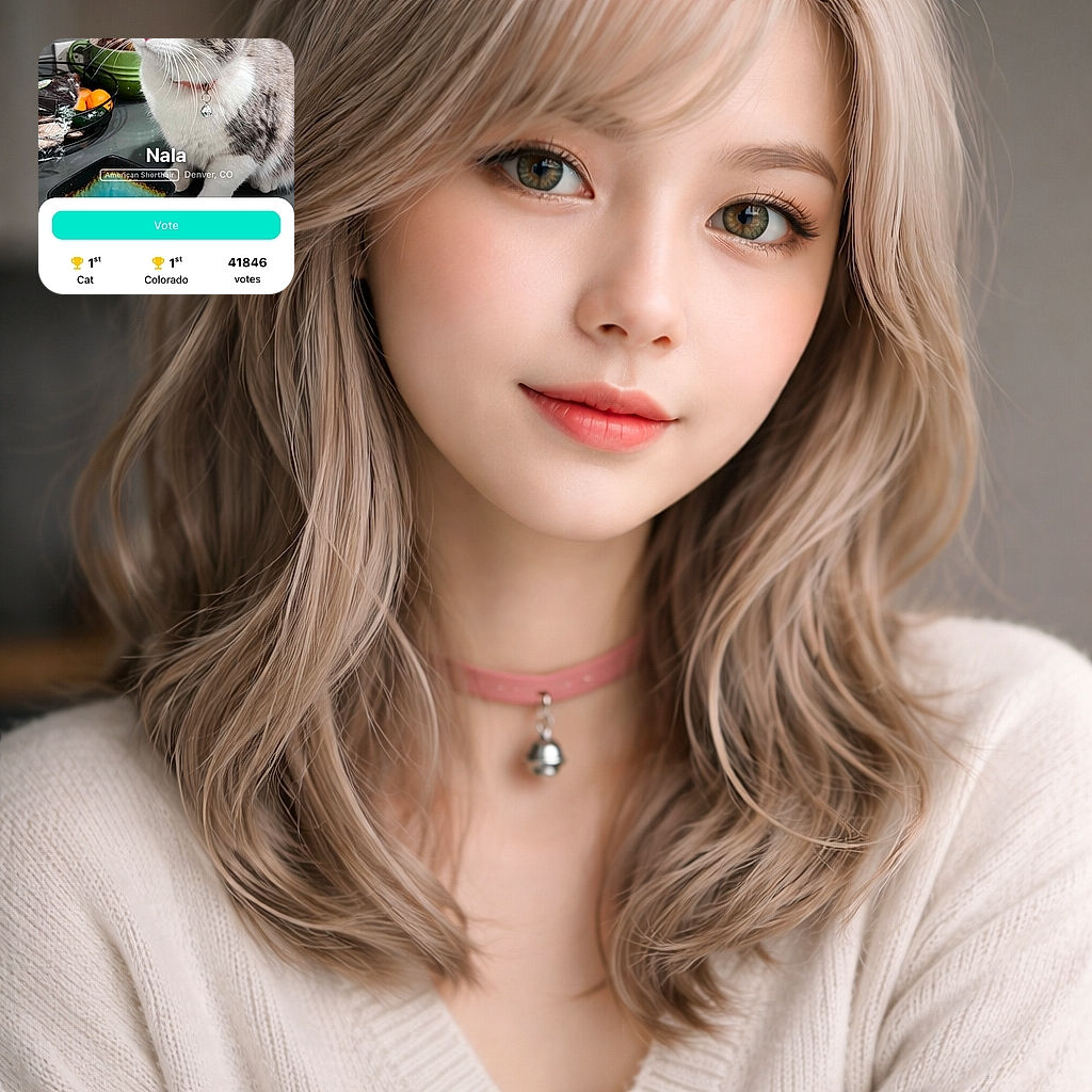 Nala the cat striking a regal, slightly unimpressed pose on a kitchen counter — bell on her collar jingling, a bowl and a basket of oranges behind her, all captured as a website screenshot with big 'Vote' UI elements overlaid.