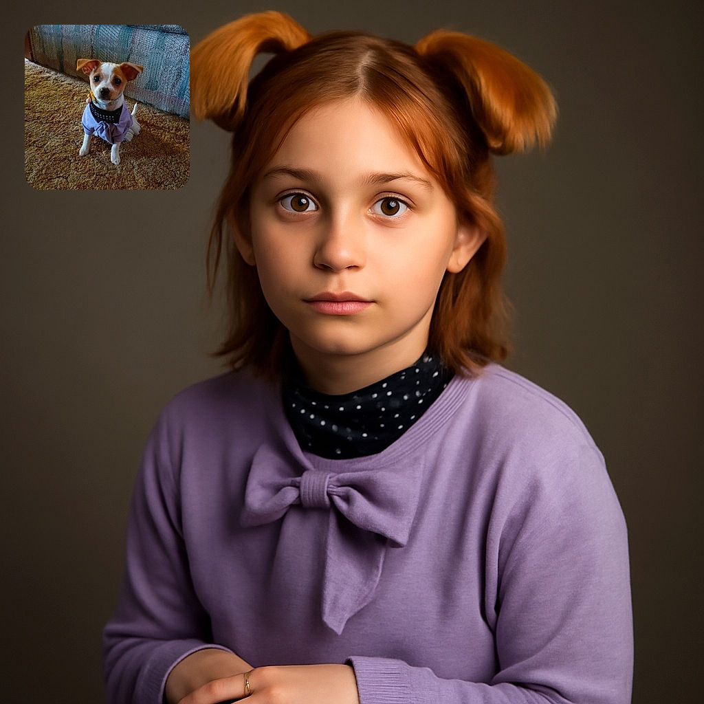 A tiny dog dressed in a purple outfit sits adorably on a textured carpet with a patterned couch in the background, looking curiously at the camera with big, shiny eyes and perky ears.
