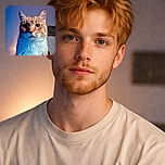 A dignified orange tabby giving the classic 'pet.Me.now' stare — dramatic blue-and-warm lighting turns its whiskers into runway spotlights while the fluffy chest steals the scene.