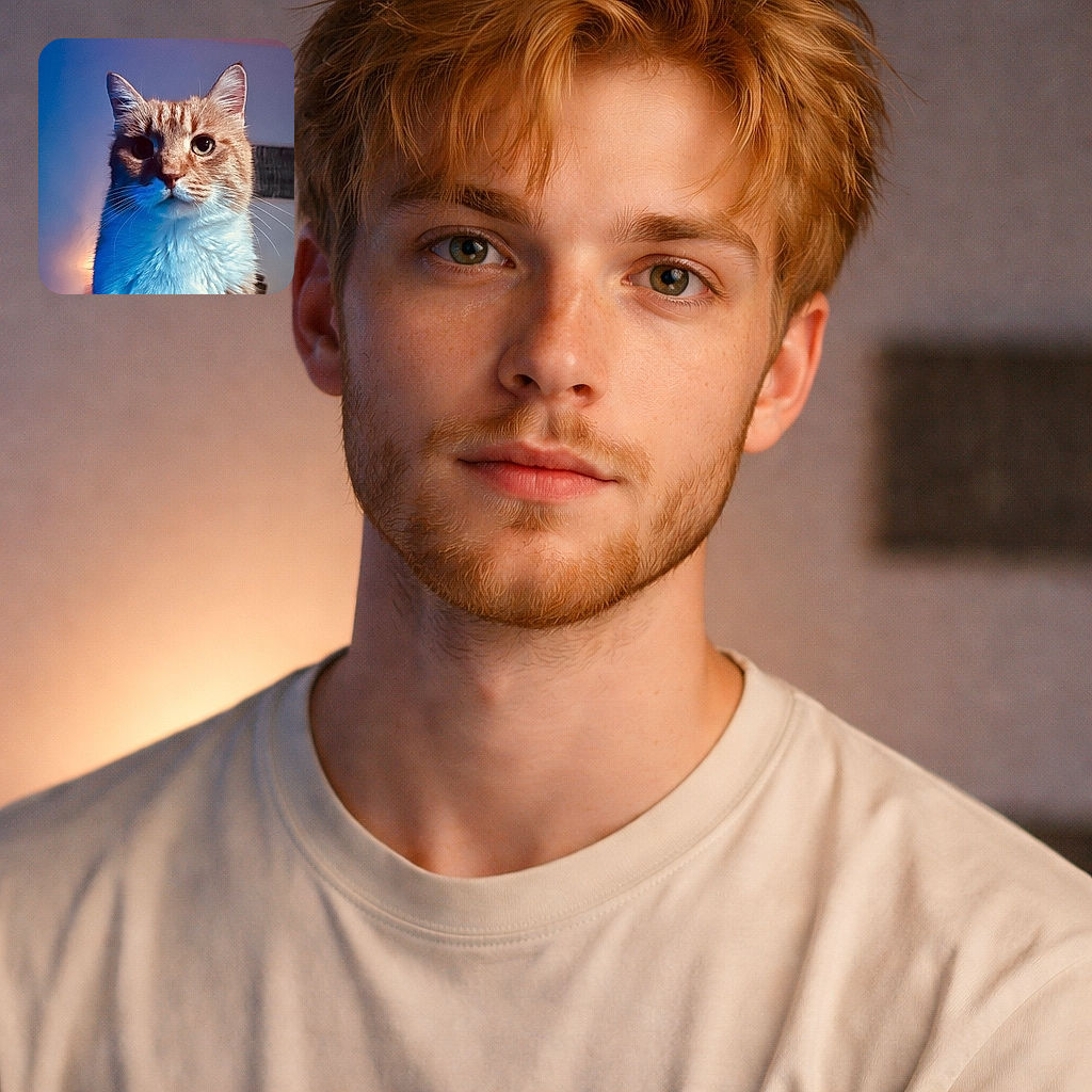 A dignified orange tabby giving the classic 'pet.Me.now' stare — dramatic blue-and-warm lighting turns its whiskers into runway spotlights while the fluffy chest steals the scene.