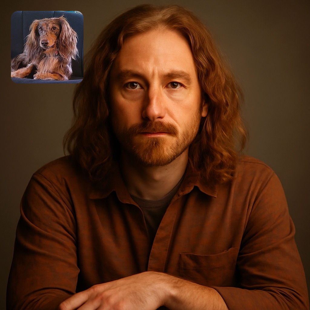 A long-haired dachshund lounges elegantly on a dark couch, its expressive eyes and silky fur stealing the spotlight with a regal yet relaxed vibe.