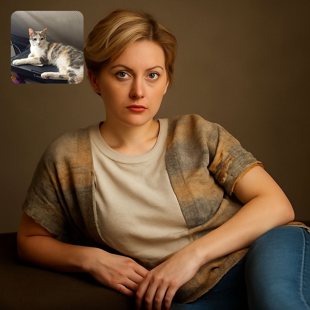 A relaxed calico cat lounges on a Canon printer next to a laptop, looking curiously at the camera with a cozy textured wall in the background.